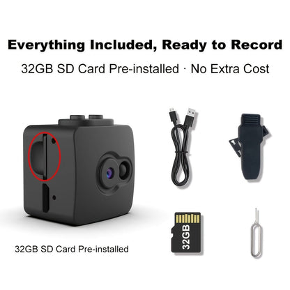 Mini Hidden Security Camera No WiFi Needed – 32GB SD Card Support, Continuous Loop Recording, Rechargeable Battery, Plug & Play – Home Security, Baby Monitor, Pet Camera, Office Surveillance
