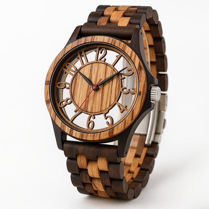 Natural Wood Watch for Men – Hollow Arabic Dial Quartz Wooden Timepiece, Handcrafted Unique Grain Wristwatch, Perfect Gift for Men, Boys, Fathers & Sons on Birthday or Father's Day
