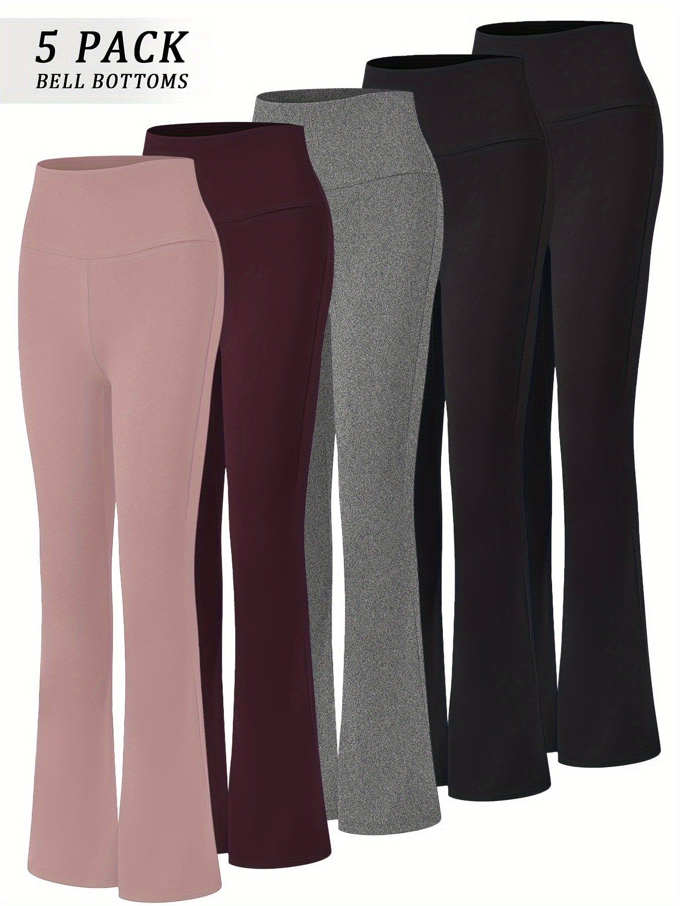 Women's High Waisted Flare Bell Bottom Yoga Pants 5-Pack Tummy Control Full-Length Bootleg Leggings Soft Stretch Wide Leg Pants for Yoga Gym Dance Pilates Year-Round Wear Sizes S-XXL