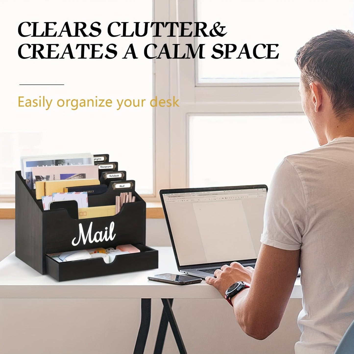 Large Solid Wood Desktop Mail Organizer with Drawer and 4 Compartments Labelable Dividers for Files Letters Paper Folders Desk Organizer for Home Office Students and Professionals