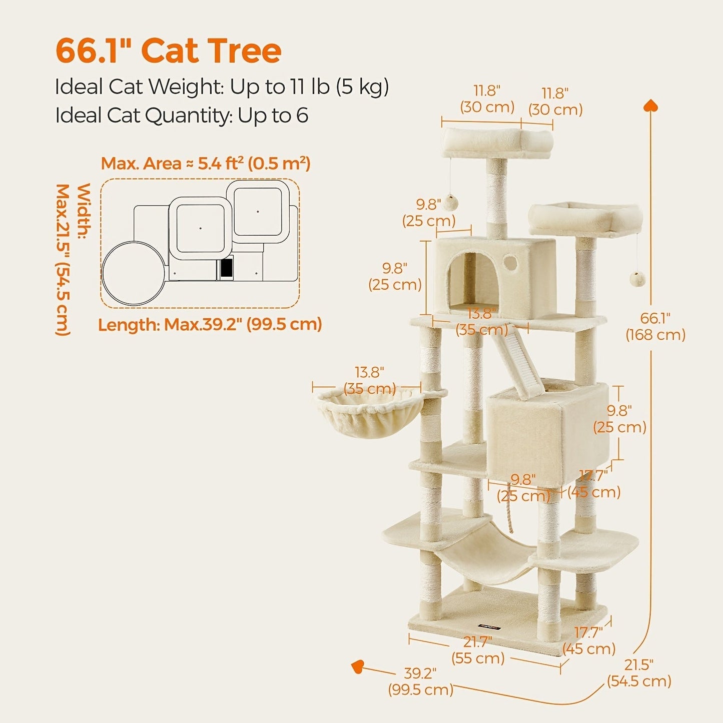 Multi-Level Cat Tree Tower 44-66 Inch with Hammock Sisal Scratching Posts Cozy Cave Perches Anti-Tilt Stable Cat Condo for Multi-Cat Families Kittens & Cats Gift