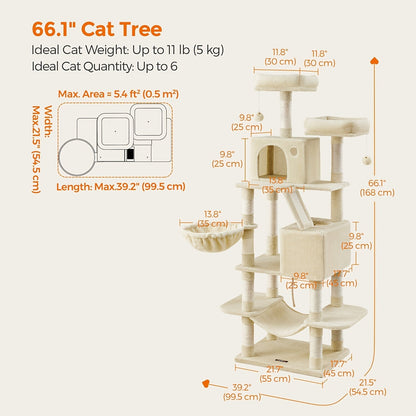 Multi-Level Cat Tree Tower 44-66 Inch with Hammock Sisal Scratching Posts Cozy Cave Perches Anti-Tilt Stable Cat Condo for Multi-Cat Families Kittens & Cats Gift