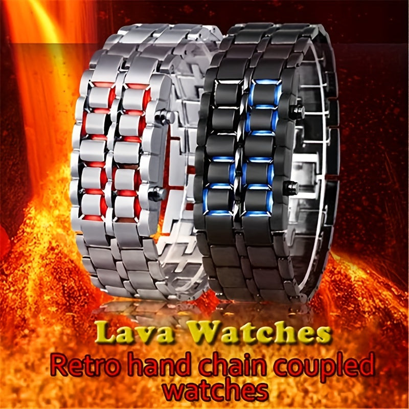 Lava LED Digital Watch for Men Women Teens – Cool Stainless Steel Couple Wristwatch, Blue & Red LED Light, Outdoor Casual Style, 3 Colors, Gift for Students