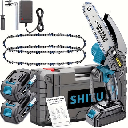 Mini Cordless Chainsaw Portable Handheld Electric Tree Cutter Splash Guard Security Lock Rechargeable for Garden Yard