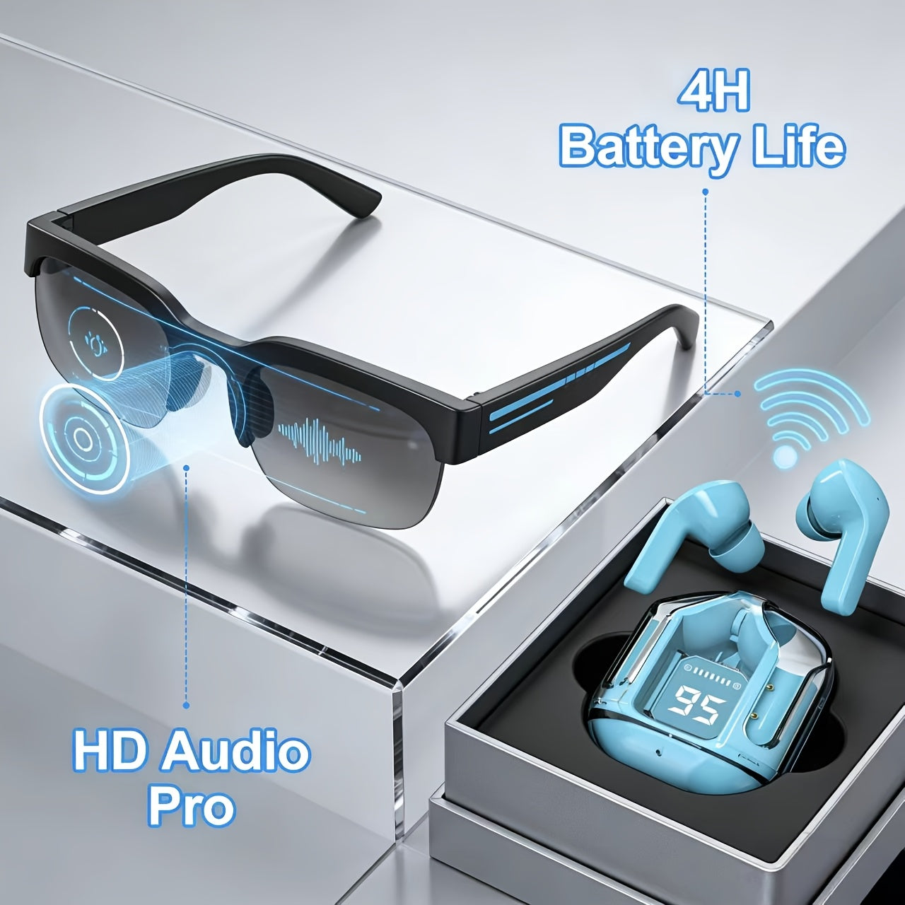 AI Translation Smart Glasses with Wireless Headphones Real-Time Multi-Language Translator Built-in Microphone Music Audio Glasses Rechargeable Sports Wearable Tech for Travel Business