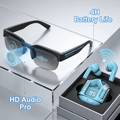 AI Translation Smart Glasses with Wireless Headphones Real-Time Multi-Language Translator Built-in Microphone Music Audio Glasses Rechargeable Sports Wearable Tech for Travel Business