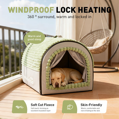 Foldable Dog Bed Cave 2-in-1 All Season – Fully Enclosed Covered Pet House with Handle, Soft Fluffy Non-Slip Washable Nest for Large, Medium & Small Dogs and Cats – Free Drool Bib – Velora