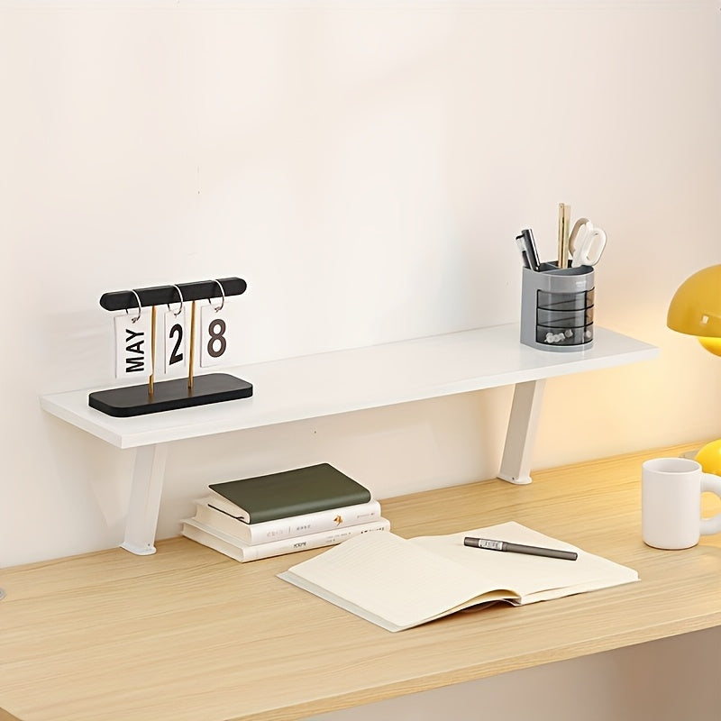 White Wooden Floating Desk Shelf – No-Drill Multi-Level Countertop Organizer for Home Office, Holds Books, Pens & Supplies, Rectangular Wall-Mounted Display Shelf, Great Thanksgiving & Christmas Gift