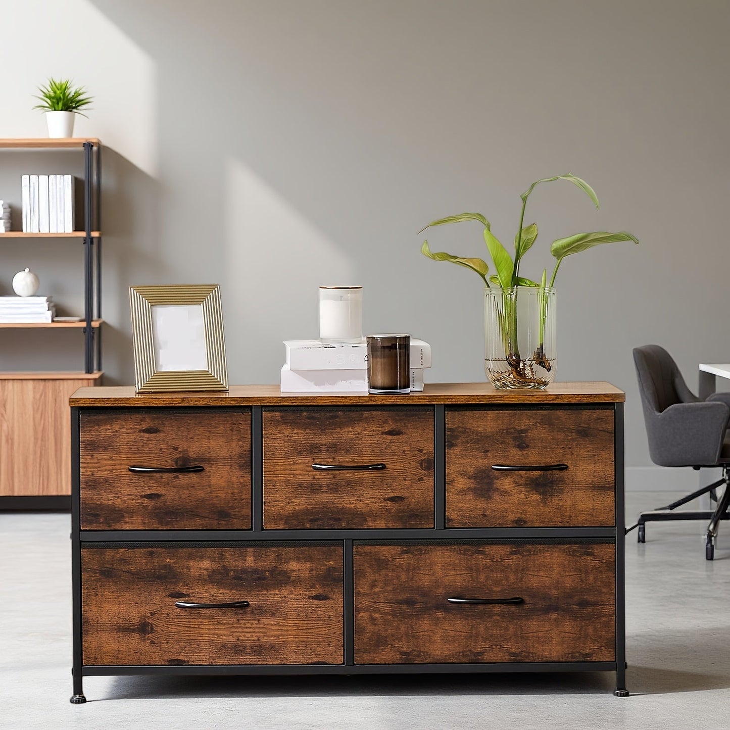 5-Drawer Lateral File Cabinet with Metal Frame & Wooden Top – Industrial Office Storage Organizer, 3 Upper + 2 Lower Drawers, Open Storage, Fits TV up to 45” – Black & Grey