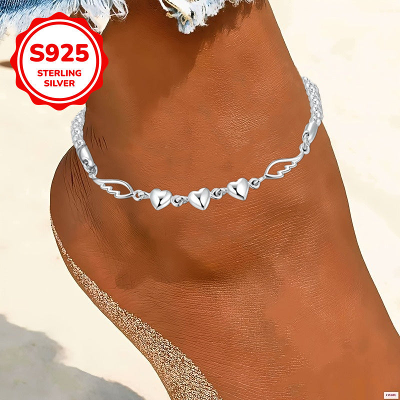 925 Sterling Silver Angel Wings Anklet for Women – Love Heart Charm Chain Anklet, Nickel-Free Beach Jewelry, Perfect Gift for Her, Birthdays & Valentine’s Day