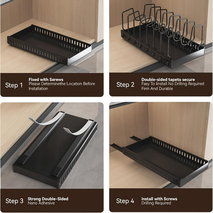 Pull Out Pot & Pan Organizer Rack for Under Cabinet – Slide Out Lid Holder with 8 Adjustable Compartments, Drill-Free Install, Kitchen Cabinet Cookware & Baking Sheet Organizer – 1pc or 2pcs