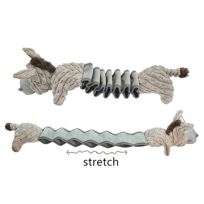 Elastic Stretch Donkey Plush Squeaky Dog Toy – Durable Tug & Chew Toy for Small, Medium & Large Dogs, Textured Spikes, No Batteries Required, Soft Gray & White Animal Design