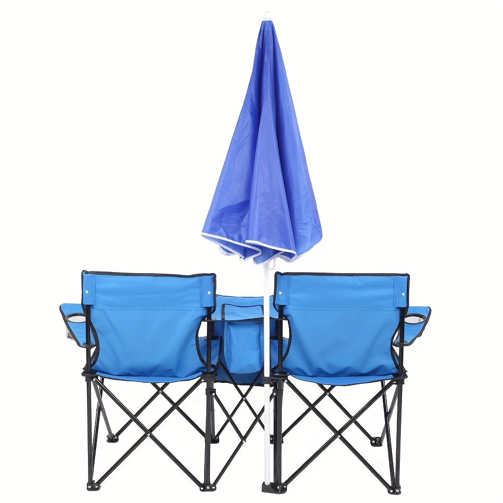2-Person Outdoor Folding Chair with Removable Sun Umbrella – Portable Loveseat Camping Chair with Handrails for Fishing Beach Sunbathing Picnic