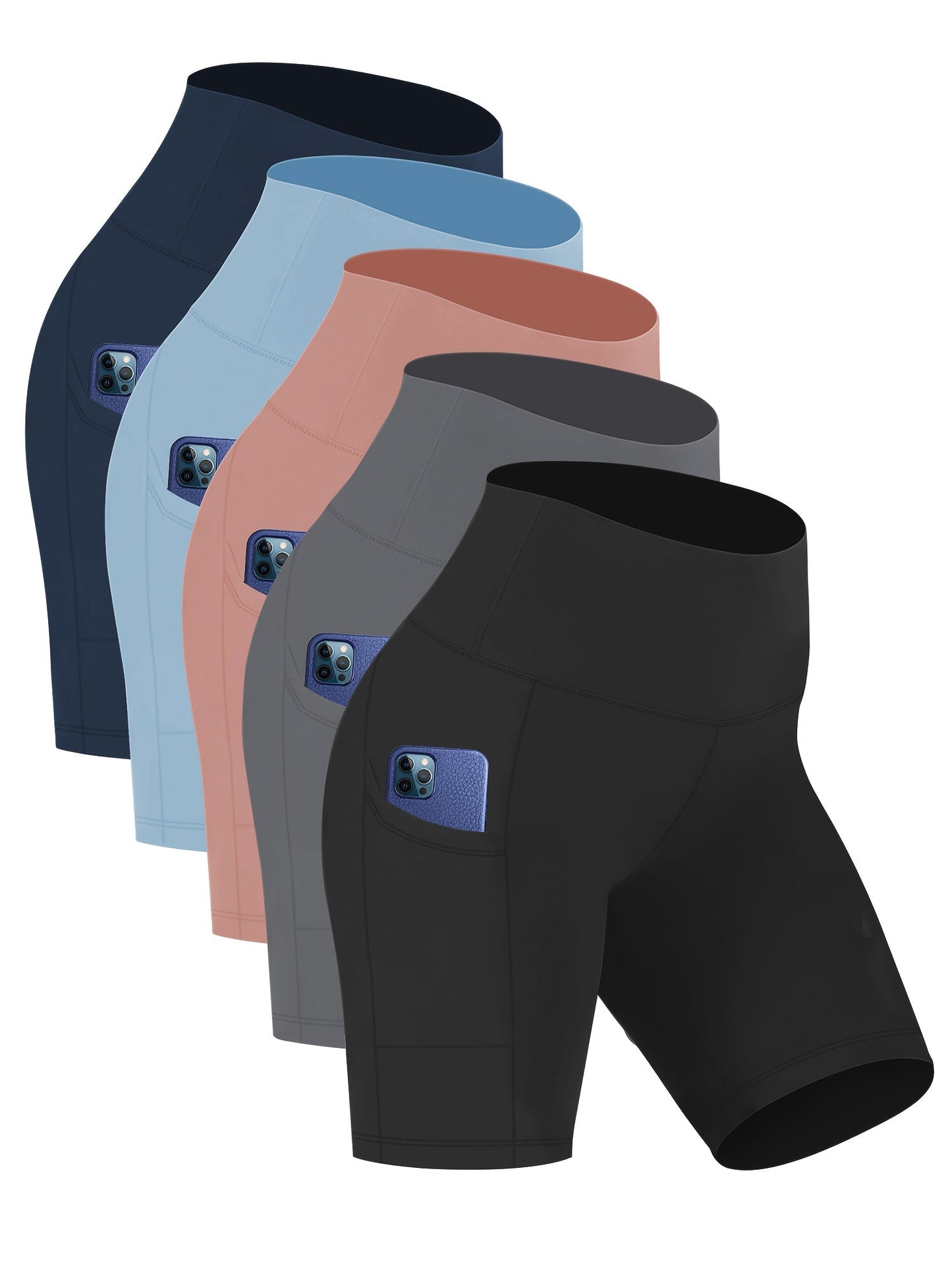 Women's High Waist Yoga Shorts – 4-Way Stretch Sweat-Wicking Athletic Shorts with Elastic Waistband & Side Pockets for Running, Cycling & Training – Black, Dark Gray & Navy, Sizes S-XXL