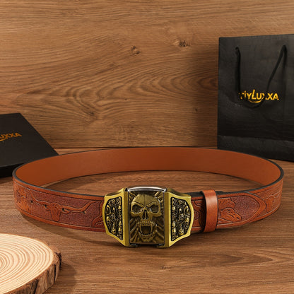 Retro Western Cowboy Belt with Detachable Lighter – Embossed Printed Novelty Accessory Belt in Skull, Eagle, Cross & Native American Designs, Unique Gift for Men for Christmas, Thanksgiving & Valentine's Day