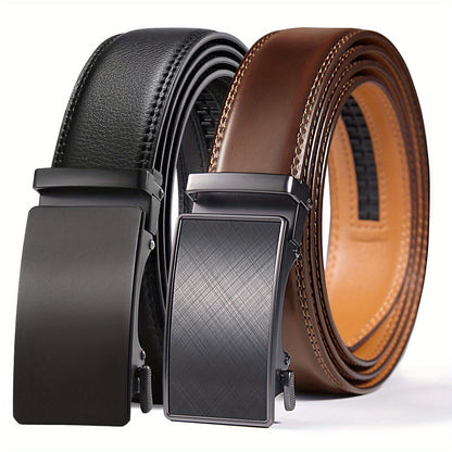 Men's Ratchet Belt 2 Pack Leather – Trim-to-Fit Adjustable Dress and Casual Belt for Men Waist 28" to 52" Black Brown Tan Navy Blue Gift