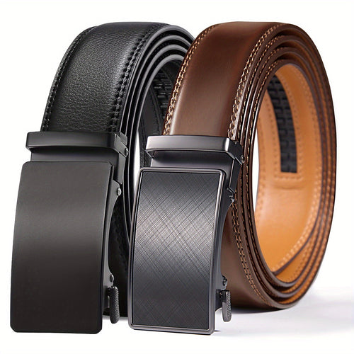 Men's Ratchet Belt 2 Pack Leather – Trim-to-Fit Adjustable Dress and Casual Belt for Men Waist 28" to 52" Black Brown Tan Navy Blue Gift