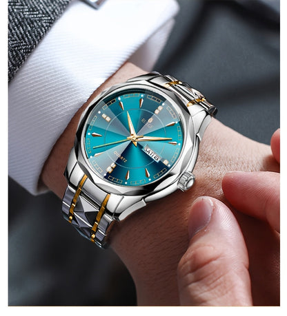 Men's Luxury Quartz Chronograph Watch – Luminous Blue Dial, Stainless Steel Case & Strap, Calendar Date Display, Elegant Business Dress Watch Gift for Him