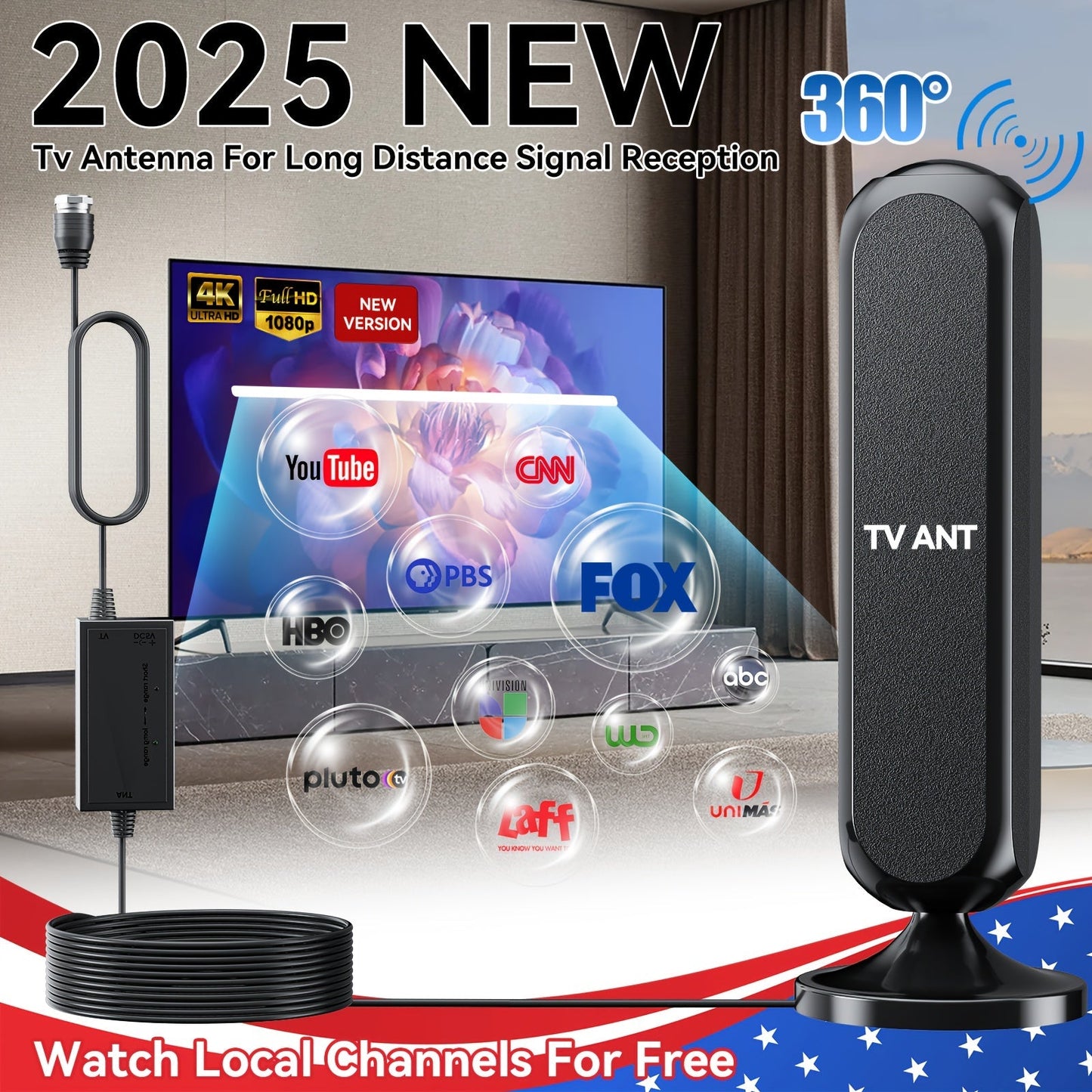 Indoor TV Antenna 200 Mile Range – 4K 1080P HD Signal Amplifier, 360° Reception, 16ft Cable, Free Local Channels, No Monthly Fee, Compatible with All TVs