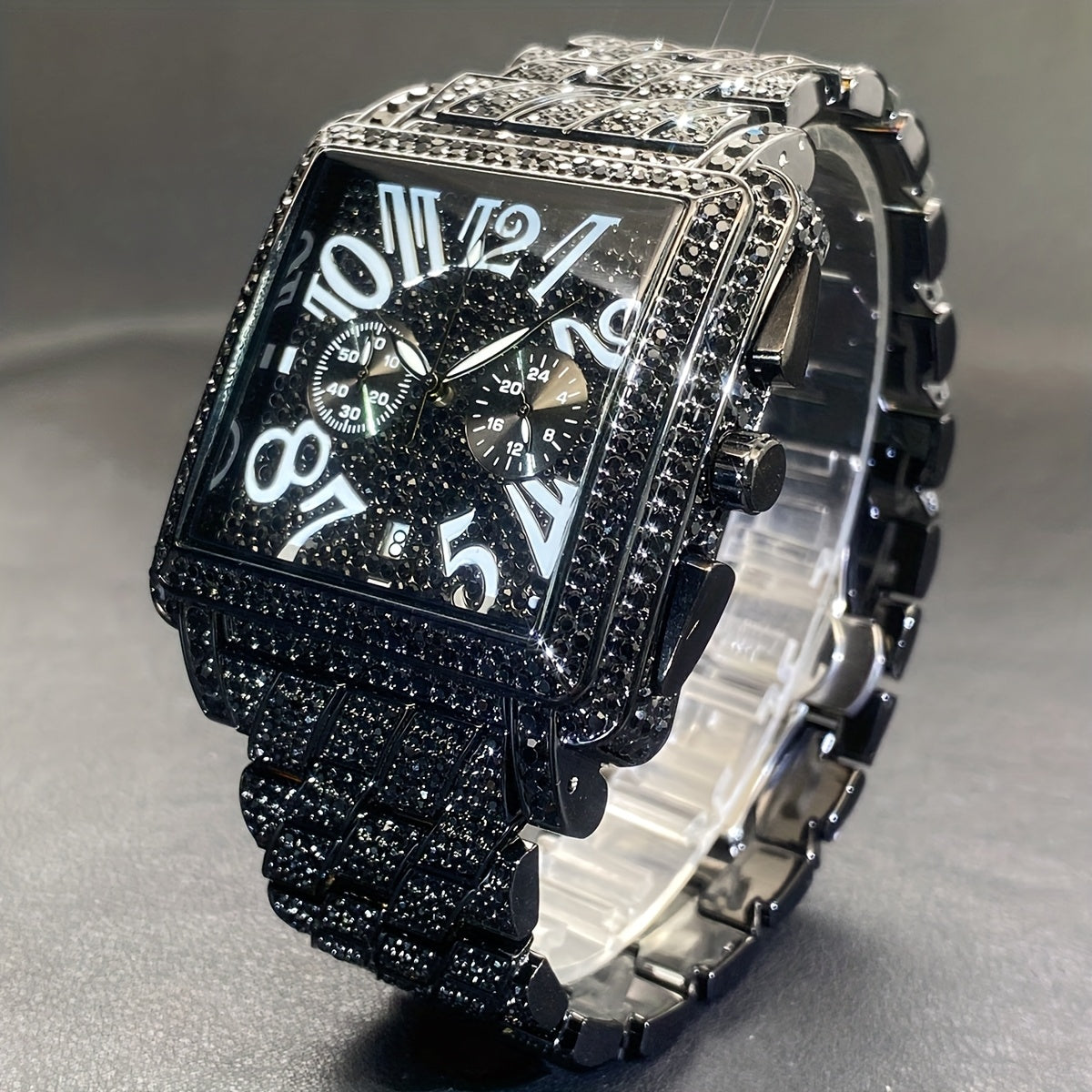MISSFOX Men's Luxury Hip-Hop Quartz Watch – Square Dial Roman Numerals Rhinestone Bezel Date Calendar Wristwatch for Men, Formal & Casual, Gift for Dad, Silver Black Gold