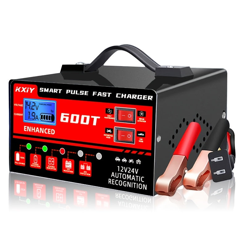 Smart Universal Battery Charger for 12V & 24V – LCD Screen, Pulse Repair & Temperature Regulation, Trickle Charger Maintainer for Car, Truck, Motorcycle, Boat, Lawn Mower & Harvester Batteries