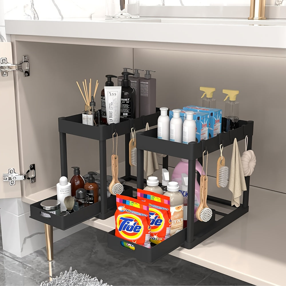 Under Sink Organizer Set of 2 – Dual-Tier Sliding Basket Drawers with 8 Hooks, Bathroom Cabinet Storage Solution for Under Counter Organization, Kitchen & Bath Versatile Shelf Baskets, Black White Gray