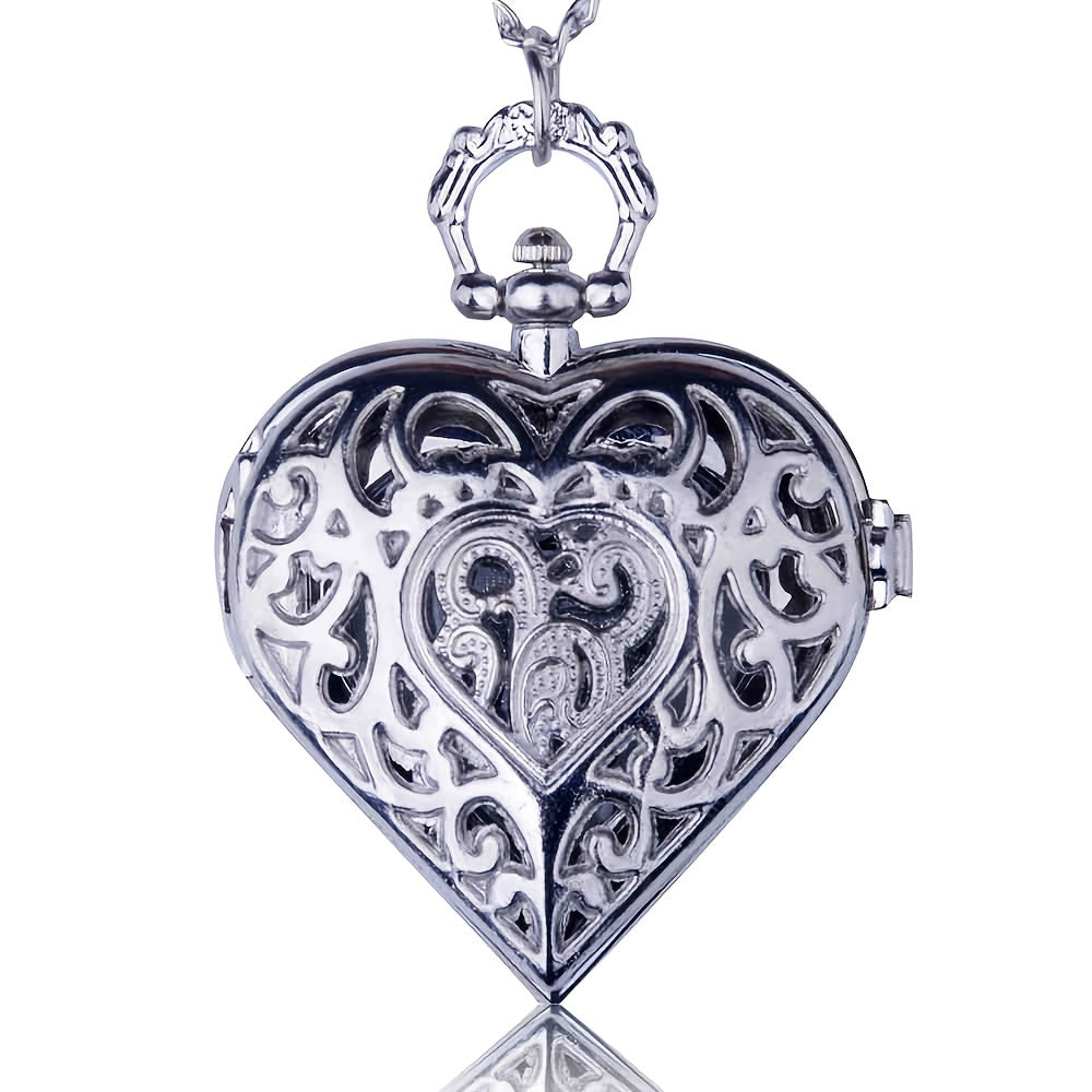 Retro Heart Shaped Pocket Watch Necklace for Women – Vintage Silver Hollow Quartz Pendant Sweater Chain Jewelry Gift for Ladies