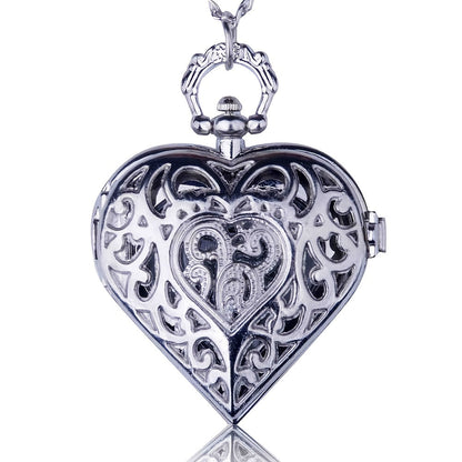 Retro Heart Shaped Pocket Watch Necklace for Women – Vintage Silver Hollow Quartz Pendant Sweater Chain Jewelry Gift for Ladies