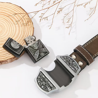 Retro Western Cowboy Belt with Detachable Lighter – Embossed Printed Novelty Accessory Belt in Skull, Eagle, Cross & Native American Designs, Unique Gift for Men for Christmas, Thanksgiving & Valentine's Day