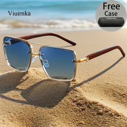 Square Retro Sunglasses for Men and Women Wood Grain Double Beam Design UV Protection Fashion Eyewear with Case for Driving Travel Beach Street Photography Holiday Gift 7 Color Options