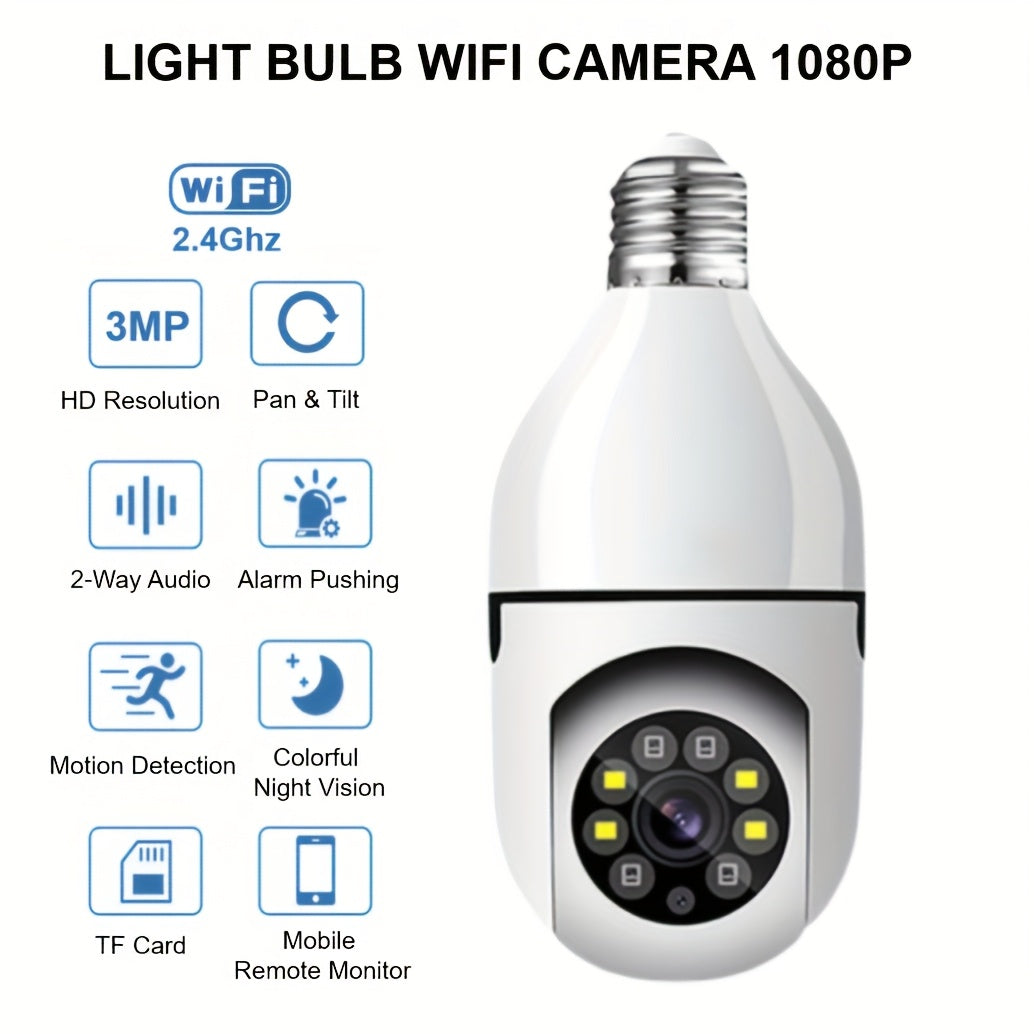 3MP Light Bulb Security Camera WiFi 2.4GHz 1080P Wireless Surveillance Full Color Night Vision Two Way Audio Motion Detection 360 Pan Tilt Home Security Indoor Camera 1 2 Pack