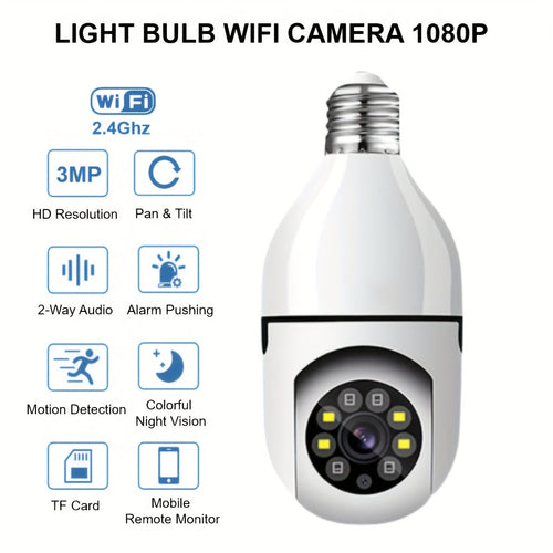 3MP Light Bulb Security Camera WiFi 2.4GHz 1080P Wireless Surveillance Full Color Night Vision Two Way Audio Motion Detection 360 Pan Tilt Home Security Indoor Camera 1 2 Pack