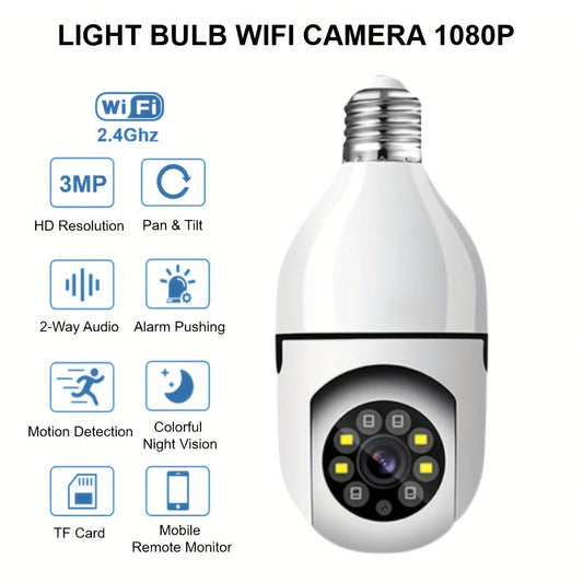 3MP Light Bulb Security Camera WiFi 2.4GHz 1080P Wireless Surveillance Full Color Night Vision Two Way Audio Motion Detection 360 Pan Tilt Home Security Indoor Camera 1 2 Pack
