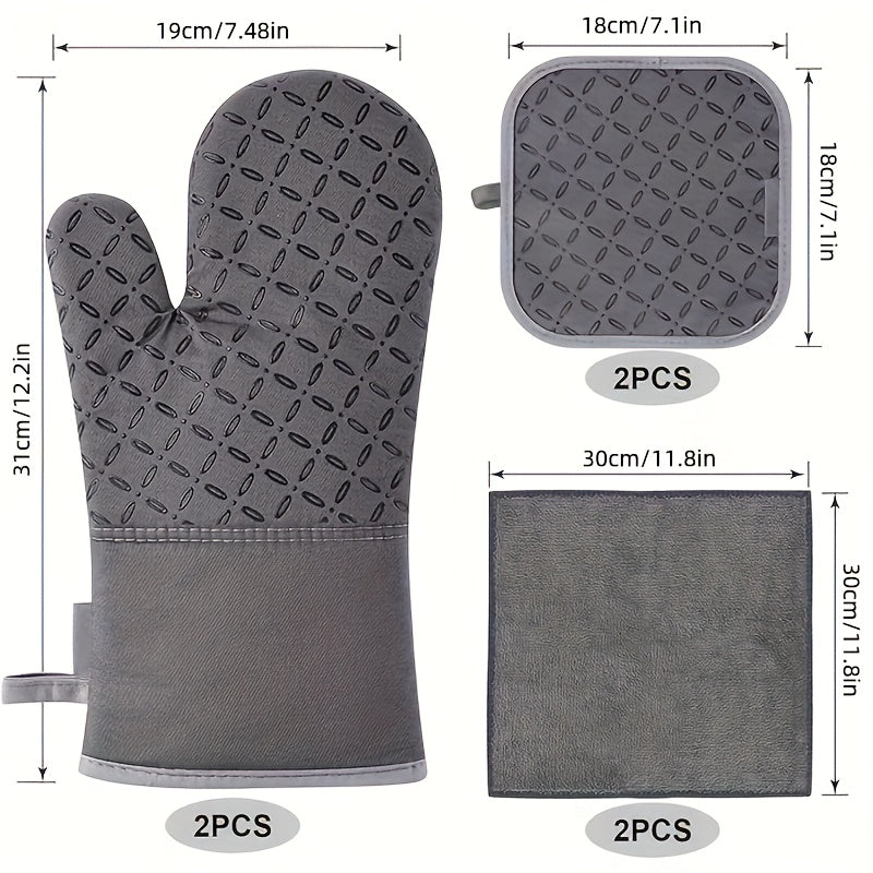 Oven Mitts and Pot Holders Set 6 Piece Heat Resistant Non-Slip Silicone Kitchen Gloves for Baking BBQ Cooking – Includes 1 Pair Mitts & 4 Pot Holders