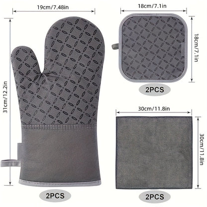 Oven Mitts and Pot Holders Set 6 Piece Heat Resistant Non-Slip Silicone Kitchen Gloves for Baking BBQ Cooking – Includes 1 Pair Mitts & 4 Pot Holders