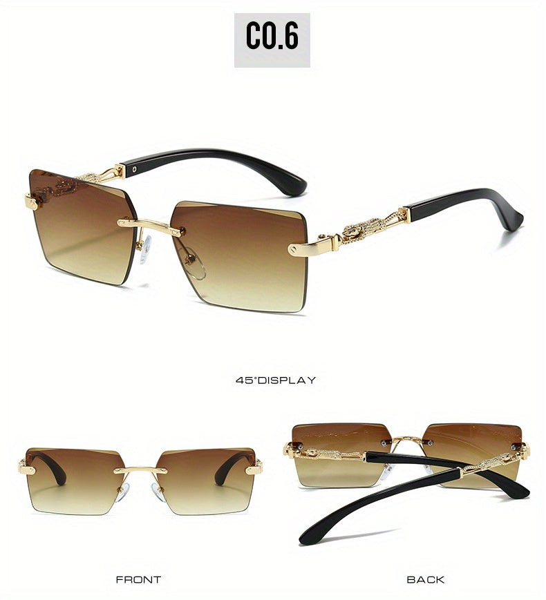 Unisex Luxury Frameless Sunglasses with Leopard Arms - UV400 Narrow Rectangular Lens Black & Gold Fashion Eyewear for Men & Women, Includes Protective Case & Cleaning Cloth for Driving Travel & Parties