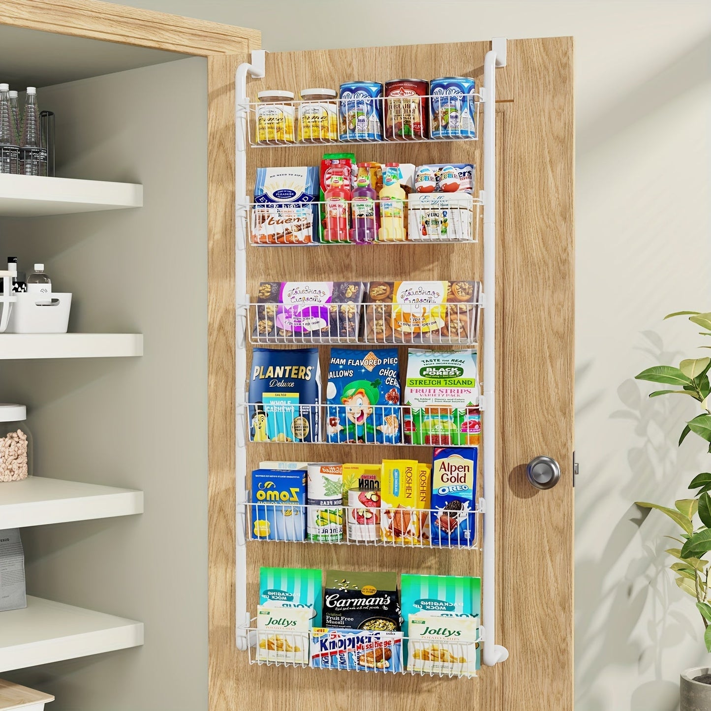 Over the Door Pantry Organizer 6 or 8 Shelf - Heavy-Duty Metal Hanging Storage Rack for Kitchen, Bathroom & Laundry Room, Space-Saving Spice & Food Organizer, Black or White