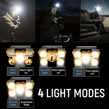 2 Pack Rechargeable LED Headlamp USB Charging 5 LEDs 4 Modes IP44 Waterproof with Adjustable Strap, Hands-Free Headlight for Camping Hiking Running Fishing Night Work - 2 Headlamps Included