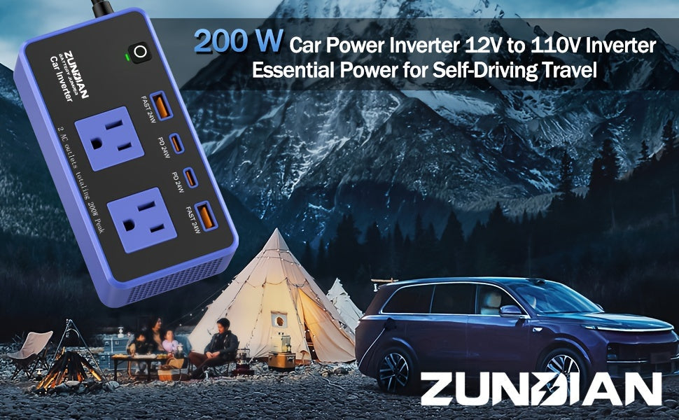 200W Car Power Inverter DC 12V to AC 110V with 24W USB-C & USB-A 4.8A Ports – Vehicle Outlet Adapter for Laptop, Camping, Travel & Road Trip Power Converter