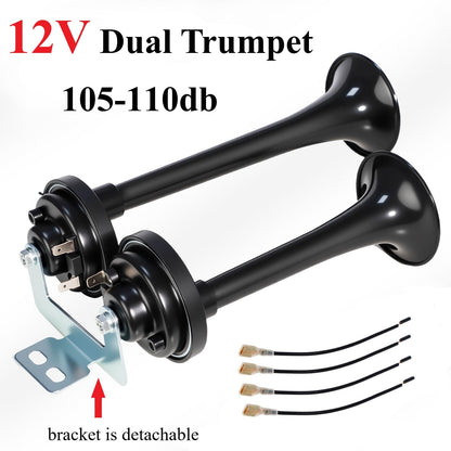 Super Loud 12V 24V Dual Air Horn Kit with Air Compressor 105-137dB Universal Truck Train Car SUV Motorcycle Boat Pickup Aluminum Alloy Electric Horn
