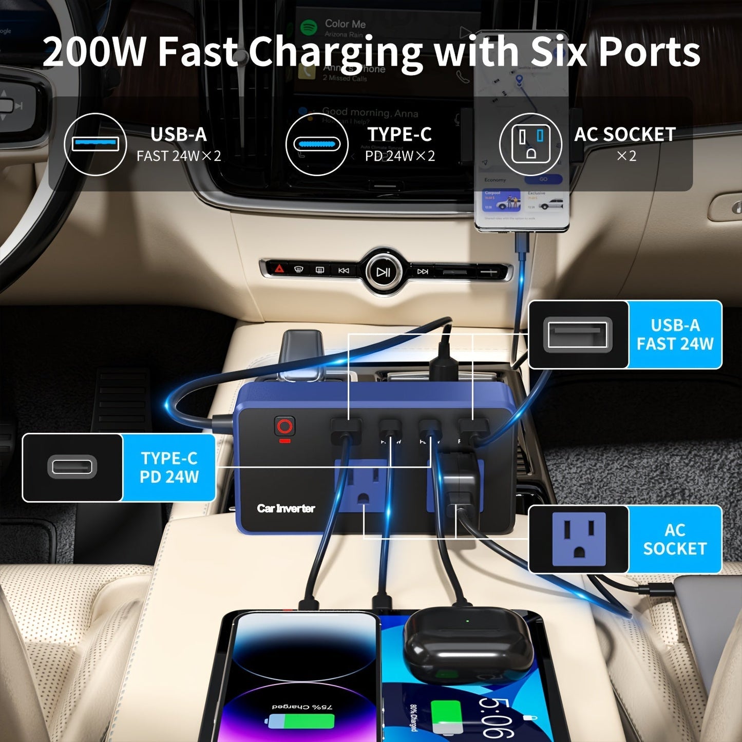 200W Car Power Inverter DC 12V to AC 110V with 24W USB-C & USB-A 4.8A Ports – Vehicle Outlet Adapter for Laptop, Camping, Travel & Road Trip Power Converter