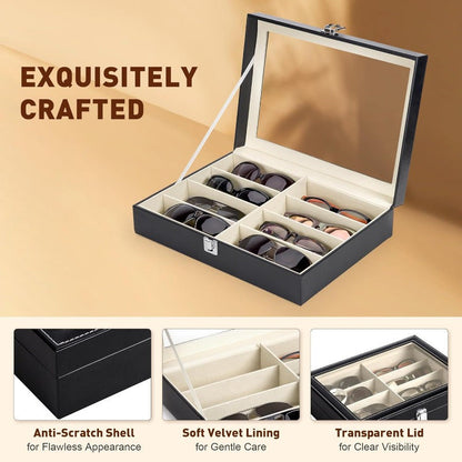 8-Slot PU Leather Eyeglasses Storage Case – Large Capacity Glasses Organizer Box for Sunglasses Reading Glasses, Luxury Household Collection Display Case in Black White Green