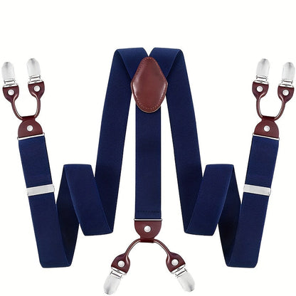 Men's Suspenders Y-Back PU Leather Heavy Duty Suit Brace with 6 Metal Clips – Adjustable Elastic Vintage Style, Black Gray Navy Blue White Coffee Beige Wine Red, Casual & Formal Wear