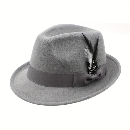 Short Brim Felt Fedora Hat for Men & Women – Classic Feather Panama Dress Hat in 7 Colors, Black Brown Navy Red Gray Coffee, Unisex Jazz Cap for Formal Casual Daily Wear