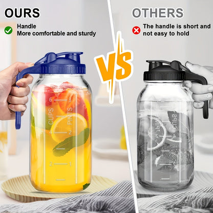64oz Mason Jar with Handle & Lid – BPA-Free High Borosilicate Glass Beverage Carafe, Leak-Proof, 2/3 Pack, for Sports Outdoor Juice Water Kombucha, Holiday Gift