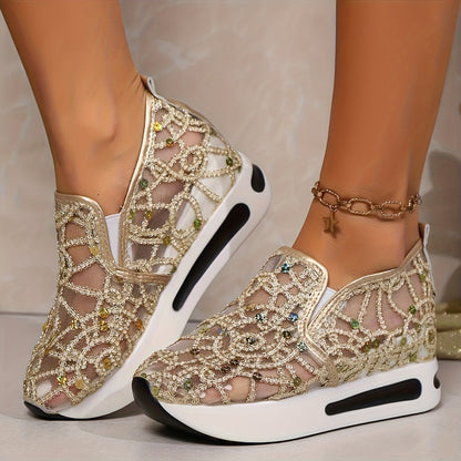 Women's Glitter Sneakers Thick Heel Height-Increasing – Breathable Net Perforated Shock-Absorbing PU Sole All-Season Casual Sporty Shoes, 3 Colors, US Sizes 6–11.5
