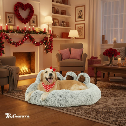 Bear Paw Shaped Donut Dog Bed & Cat Bed – Calming Warm Soft Plush Round Pet Mattress with Bonus Pet Scarf S M L XL 2XL Coffee Pink Grey Brown for Small Medium Large Dogs Cats