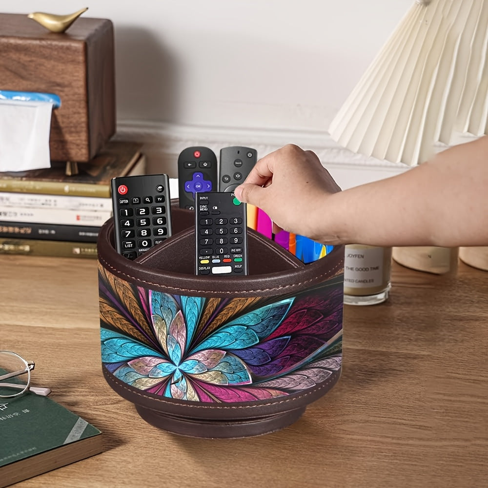 360° Swivel Pen Holder with 4 Compartments – PU Leather Rotating Desk Organizer for Office Supplies, Art Supplies, Remote Controls, Glasses & Accessories, Stylish Pencil Case Storage Box