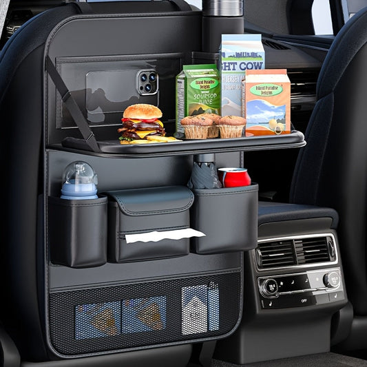 Car Seat Back Organizer PU Leather – Multifunctional Back Seat Storage Bag with Foldable Dining Table, Cup Holder & Travel Pockets, Universal Fit for Cars SUVs Trucks, Road Trip Accessories