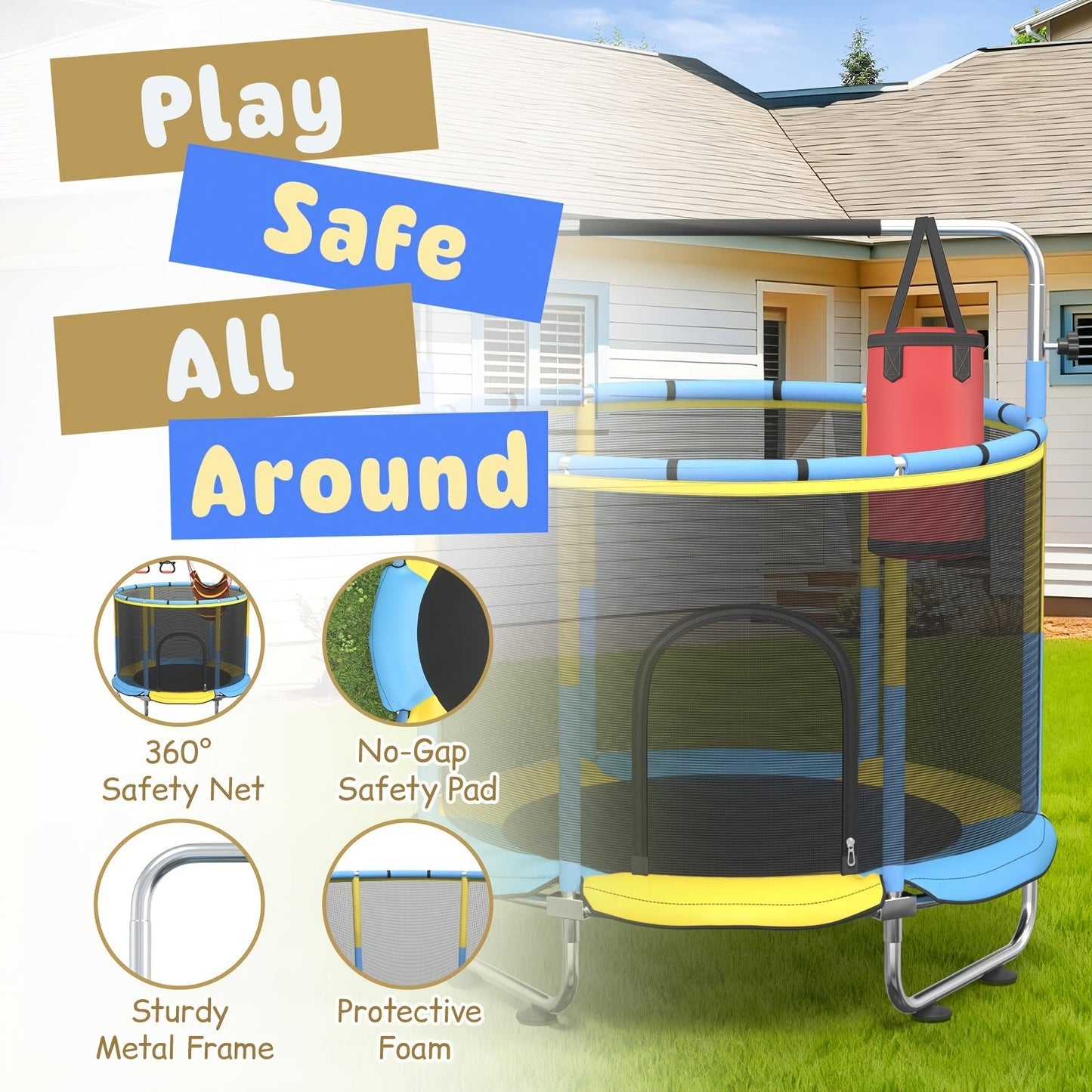 Kids & Adults Trampoline with Safety Enclosure Net Multi-Functional Leisure Sports Trampoline Indoor Outdoor Backyard Jumping Mat 6 Color Options Fun Exercise Equipment for Family